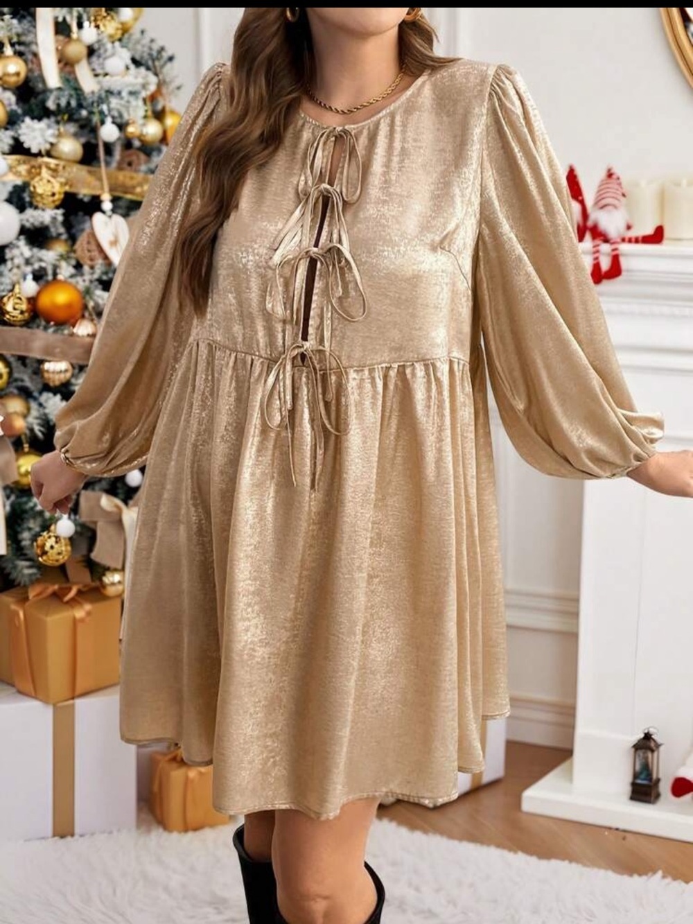 SHEIN Essnce Plus-Size Women's Puffy Long-Sleeved Gold Dress S 2xl BNWOT